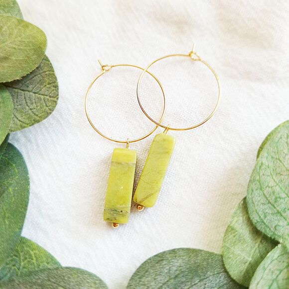 Green Serpentine Gold Hoop Earrings, Minimalist Boho Hoops, Natural Cottagecore - Picture 8 of 9